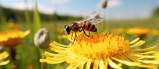 Poster - A bee is resting on top of a vibrant yellow flower, with its wings slightly fluttering. The bee appears to be collecting nectar or pollen from the flower.