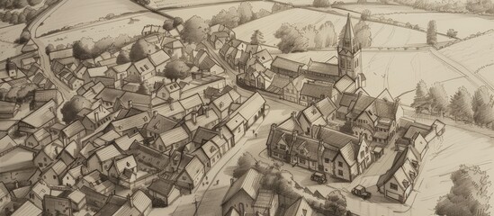 A detailed drawing of Titchfield village situated in the middle of a vast field. The sketch captures the layout of the village, including houses, roads, and surrounding greenery.