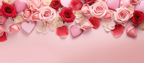 Poster - A collection of pink and red flowers arranged on a soft pink background. The flowers are varying shades of pink and red, creating a vibrant and colorful display.