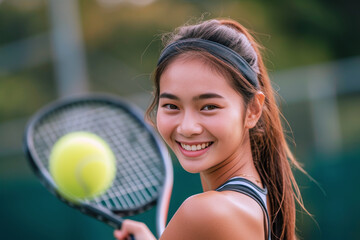 Malay woman in tennis player activewear doing exercise, sport workout