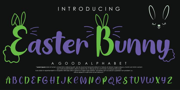 Vector illustration of an Easter Bunny alphabet font design with bunny ears and modern vector calligraphy for holiday greeting cards and invitations on Happy Easter Day.