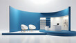 3d rendering of minimalist blue exhibition stand on white background