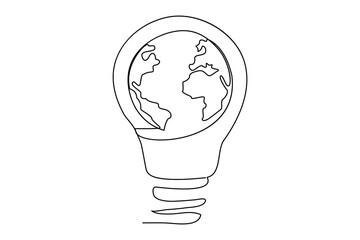 Continuous one line Earth globe inside lightbulb and earth hour outline vector art illustration. Isolated on white background vector illustration Premium vector