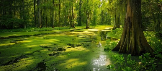 Sticker - A swamp nestled in the heart of a forest, surrounded by towering trees and vibrant greenery. The water reflects the lush canopy above, creating a serene yet wild atmosphere.