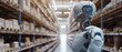 An advanced humanoid robot with a transparent head showcasing internal circuits walks between warehouse shelves, symbolizing cutting-edge logistics automation.