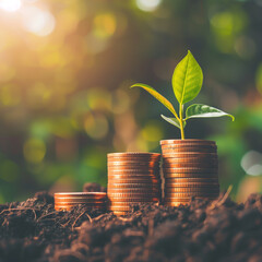 Morning light and plant growing on top of stack of coins symbolize sustainable finance development, investment growth, and financial success.