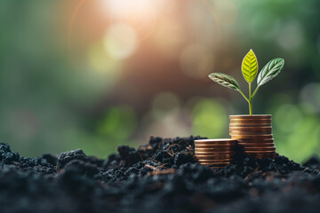 stacks of coins sit atop rich soil, with a plant, background for sustainable finance development, in