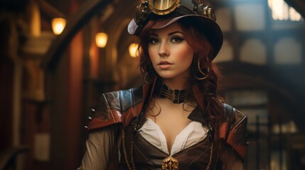 Wall Mural - Portrait of a beautiful woman and steampunk environment, wallpaper format.