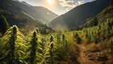 Fototapeta  - Cannabis or marijuana outdoors plantation growing on the mountains. Wide angle