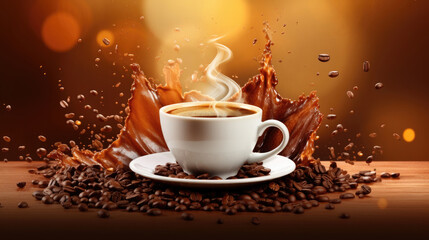 A cup of freshly brewed espresso coffee produces white steam with roasted coffee beans scattered around it isolated on a clean dark background