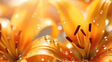 Wall Mural - Beautiful close-up of blooming yellow Lily Flower Petals Sparkling dewdrops on bright background illuminated by morning rays natural lighting golden light