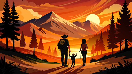 Vector illustration of a family going for a nature walk at sunset.