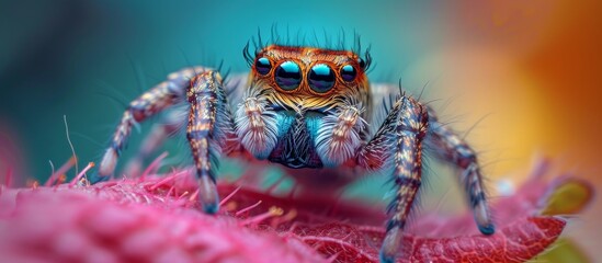 Wall Mural - Majestic Jumping Spider with Enormous Eyes and Elongated Limbs in Natural Habitat