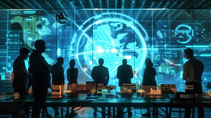 Wall Mural - Engineer, Scientists and Developers Gathered Around Illuminated Conference Table in Technology Research Center, Talking, Finding Solution and Analysing Industrial Solutions For Modern Factories.