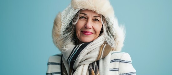 Wall Mural - A middle-aged woman dressed in a white striped sweater, scarf, and ear flap hat, posing with a smile against a light blue winter background.