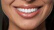 close-up front view of a smiling woman face with perfect white teeth and beautiful lips created with Generative AI Technology