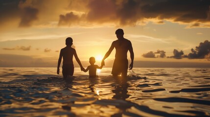 Silhouette family mother, father and young son holding hands, taking a swim in the sea for the first time the children over blurred beautiful