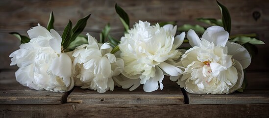 Poster - A collection of fresh white peonies in full bloom arranged neatly on a rustic wooden box. The white flowers contrast beautifully with the natural wood texture, creating a simple yet elegant display.