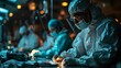 surgeon performing robotic surgery with robotic device. Medical operation involving robot. Operating room, medical surgical robot, cancerous tumor removal surgery.