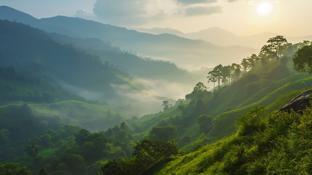 morning mountain landscape with clouds and alpine panorama. morning mist, breathtaking natural scene