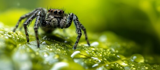 Wall Mural - A jumping spider, an arachnid, rests on a green leaf of a terrestrial plant with water drops. The small terrestrial animal may prey on pests like insects.
