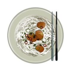 Sticker - Top view of vietnamese food banh canh noodle soup. 