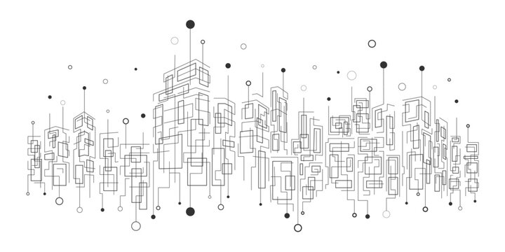 City landscape on a white background. Urban design art in the form of lines. Infrastructure and connectivity in the future world. Communication technology concepts. Vector illustration.