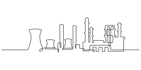 Wall Mural - Continuous one line drawing industrial plant outline. Factory architecture buildings and landmark. Air pollution ecology concept.