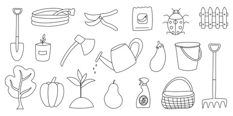 garden care kit. Hand drawn vector illustration depicting a series of tools Shovel Pitchfork rake scissors, ax. Self-grown vegetables and fruits, eco, pepper, pear, eggplant, garlic. line doodle