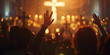 Worship god concept human rising hands over blurred cross