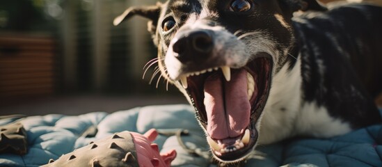 Canvas Print - A dog is laying on a dog bed, with its mouth open and possibly biting a toy. The dog appears relaxed and comfortable in a home setting.