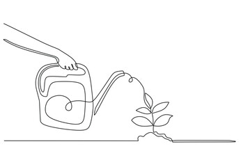 Wall Mural - Continuous line drawing watering plant vector illustration. One line growing and seedling concept.