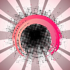 Poster - Brush stroke circular frame on pink abstract halftone rays background.