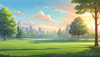 Wall Mural - Beautiful morning light in park with green grass field. Cartoon or anime illustration style