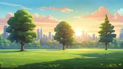 Wall Mural - Beautiful sunrice light in park with green grass field. Cartoon or anime illustration style