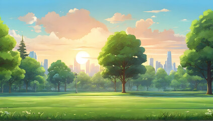 Wall Mural - Beautiful scenery of morning light in park with green grass field. Cartoon or anime illustration style