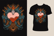 Illustration hand drawn. Vintage love heart with engraving ornament on T shirt mockup