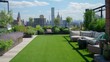 A chic rooftop garden with panoramic views of the skyline, featuring manicured lawns, winding pathways, and cozy seating areas for al fresco dining.