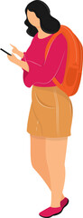 Poster - Young woman holding backpack with watching smartphone.