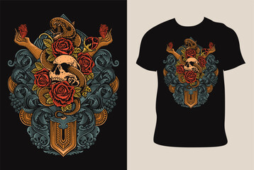 Wall Mural - Illustration vintage skull snake rose with engraving ornament on T shirt mockup