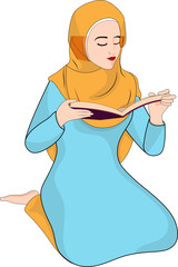 Wall Mural - Character of muslim woman reading book in sitting pose.