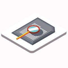 Sticker - Data analysis magnifier with document element in isometric style.