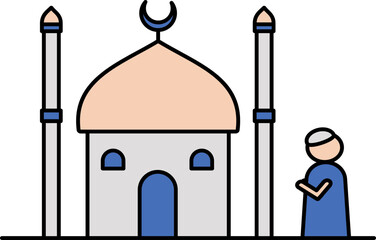 Sticker - Mosque With Man Icon In Blue And Orange Color.