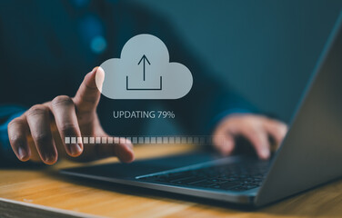 Fototapete - Cloud upload concept. uploading business information. Person use laptop with cloud upload bar on virtual screen.