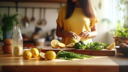 A woman is preparing fresh fruit and vegetables on a wooden cutting board. Fictional Character Created By Generated By Generated AI.