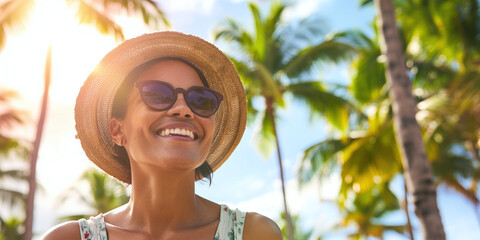 Beaming woman in a straw hat and sunglasses enjoys the tropical sunshine, with palm trees swaying in the background