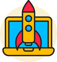 Poster - Online project or rocket launch in laptop screen icon.