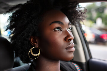 Close-up of a pensive African American woman with natural hair, looking out a car window, city life in the background.