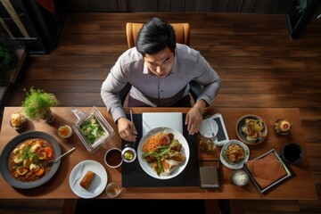 A man enjoying a meal at a restaurant table. Fictional Character Created By Generated By Generated AI.