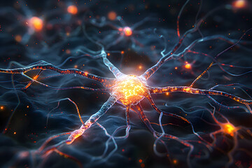 Wall Mural - Neuron Synapse Brain - 3D rendered image of neuron cell network on black background